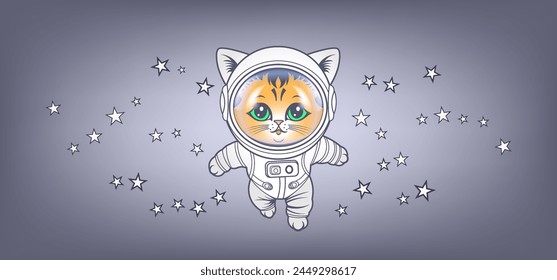 Vector cute cartoon kitten astronaut on a background of the starry sky. Space red kitten in a spacesuit.