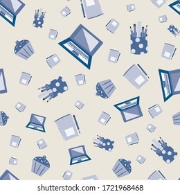Vector cute cartoon laptop seamless pattern background. Pencils, cupcakes, notebooks monochrome backdrop. Hand drawn fun office equipment illustration. All over print for working from home concept.