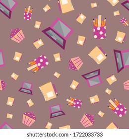 Vector cute cartoon laptop seamless pattern background. Pencils, cupcakes, notebooks on mauve backdrop. Hand drawn fun office equipment illustration. All over print for working from home concept.
