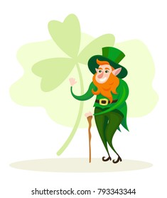 Vector cute cartoon leprechaun smilling character st Patrick's day greeting card