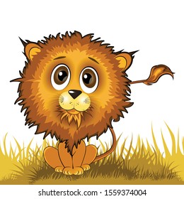 Vector cute cartoon lion on the grass isolated on a white background