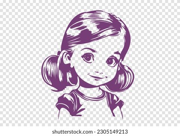 Vector cute cartoon little beautiful young girl child. Graphic sticker on an isolated background. Smiling baby.