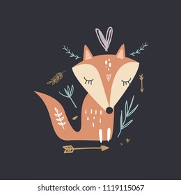 Vector cute cartoon little fox. Nursery picture. Scandinavian art. Design elements, baby printable card, t-shirt and other clothes print. 