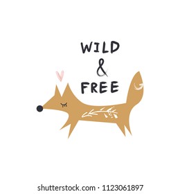 Vector cute cartoon little fox. Nursery picture. Scandinavian art. Design elements for baby cards, t-shirts and other.