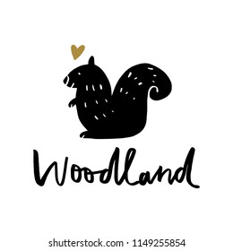 Vector cute cartoon little squirrel. Scandinavian style art. Nursery print, poster, card, t-shirt and other. Isolated on white background.