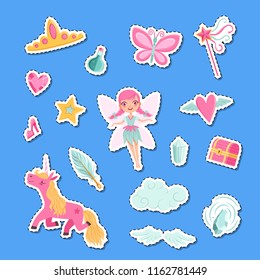 Vector cute cartoon magic and fairytale elements stickers set illustration. Fairytale magic, fairy and fantasy unicorn