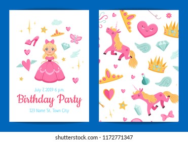 Vector cute cartoon magic and fairytale elements birthday party invitation template illustration