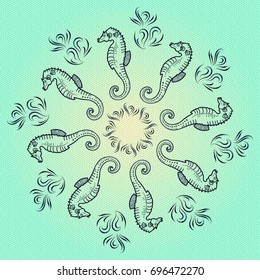 Vector cute cartoon mandala background with seahorse