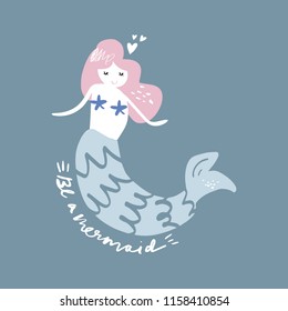 Vector cute cartoon mermaid, siren. Doodle style pastel art. Nursery girly print, poster, card, t-shirt and other.