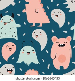 Vector cute cartoon monsters seamless pattern.  Funny doodle characters   children's pattern for fashion clothes, shirt, fabric