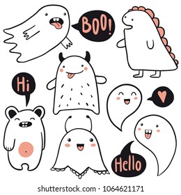 Vector cute cartoon monsters set.  Collection of funny doodle characters with speech bubbles; boo, hi, hello. 