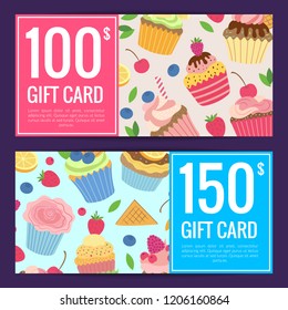 Vector cute cartoon muffins or cupcakes discount or gift voucher templates illustration