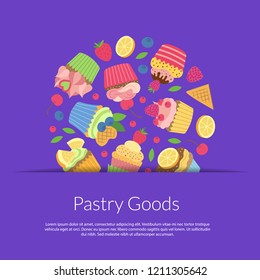 Vector cute cartoon muffins or cupcakes in paper pocket background with place for text and shadows illustration