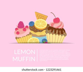 Vector cute cartoon muffins or cupcakes background with place for text