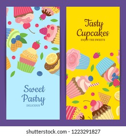 Vector cute cartoon muffins or cupcakes web banner templates illustration