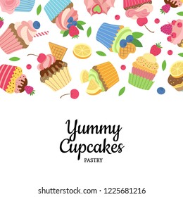 Vector cute cartoon muffins or cupcakes background