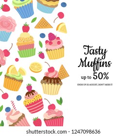 Vector cute cartoon muffins or cupcakes background with place for text illustration