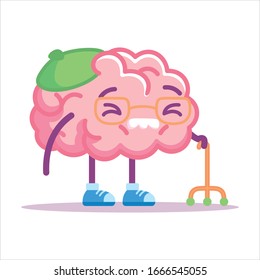 Vector Cute Cartoon Old and Cane Brain Isolated