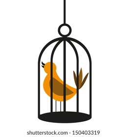 Vector Cute Cartoon Orange Bird On A Birdcage