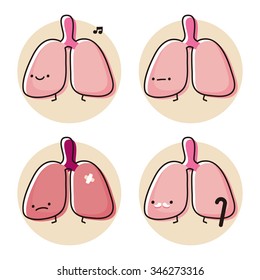 vector cute cartoon organs, lungs / healthy, injured, sickness, growing old / life / cute character