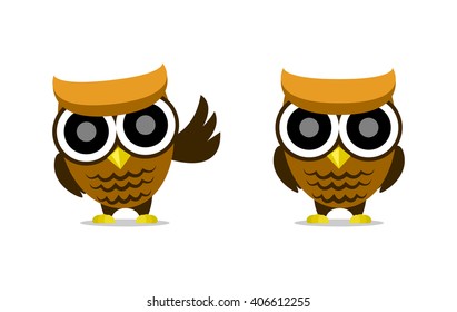 vector cute cartoon owl with big eyes and brown feather