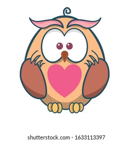 Vector cute cartoon of owl with heart shape mark.