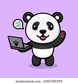 Vector cute cartoon panda, carrying laptop