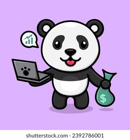 Vector cute cartoon panda, carrying a laptop and a bag of money.