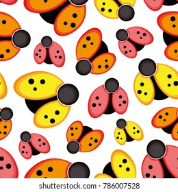 Vector cute cartoon pattern with many ladybugs on white background. Seamless pattern can be used for wallpaper, pattern fills, web page background, surface textures.