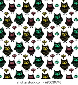 Vector cute cartoon pattern with owl doodles