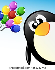 Vector cute cartoon penguin on ice with a lot of balloons. Happy birthday card or invitation theme.