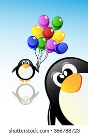 Vector cute cartoon penguins on ice with a lot of balloons. 