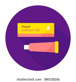 vector cute cartoon personal lubricant, lubricating gel / tube with package box / flat style, icon / pink and yellow on purple