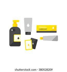 vector cute cartoon / personal lubricant, lubricating gel set / flat style, icon / black and yellow on white