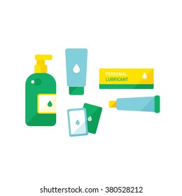 vector cute cartoon / personal lubricant, lubricating gel set / flat style, icon / green and blue on white