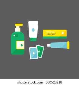 vector cute cartoon / personal lubricant, lubricating gel collection / flat style, icon / green and yellow on grey