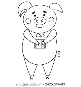 Vektor niedliche Cartoon-Schwein mit Geschenkbox isoliert auf weiß. Umriss des Malbuch-Seitendesigns. Farmtier. Clipart Piggy-Illustration