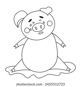 Vector cute cartoon pig sitting and cry isolated on white. Outline coloring book page design. Farm animal character. Clipart piggy illustration.