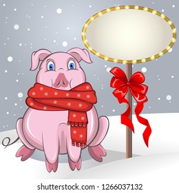 Vector of cute cartoon pig in warm scarf with retro billboard on snowing field