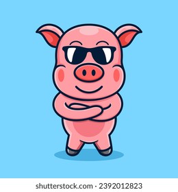 Vector cute cartoon pig, wearing glasses.