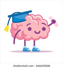 Vector Cute Cartoon Pink Brain Graduating Isolated