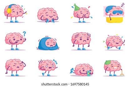 Vector Cute Cartoon Pink Brains Set Isolated