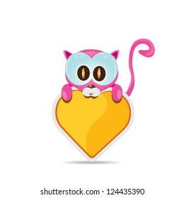 vector cute cartoon pink cat holding heart. love concept illustration. valentine day love beautiful card.