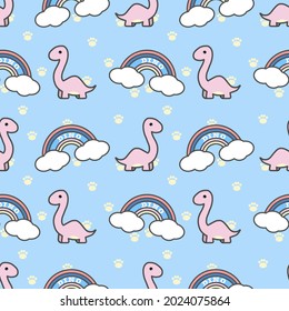 Vector cute cartoon pink dinosaur in the Jurassic pattern with blue background