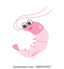 Vector cute cartoon pink shrimp in flat style. Isolated illustration of sea animal character