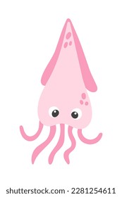 Vector cute cartoon pink squid in flat style. Isolated illustration of sea animal character