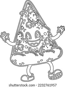 a vector of a cute cartoon pizza in black and white colouring