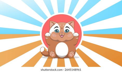 Vector cute cartoon plump light brown funny sitting cat with raised front paws in rays. Chubby toon contented smiling kitten. Cuddly domestic kitty. Whiskers puss