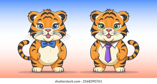 Vector cute cartoon plump standing smiling little tiger cubs in blue bow tie and purple tie. Toon beautiful chubby striped gallant babies animals.