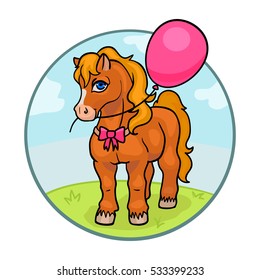 Vector cute cartoon pony with pink bow and balloon for children holidays